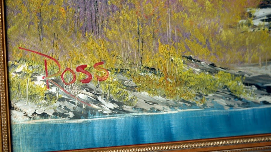“A Walk in the Woods,” the first painting Bob Ross produced for hic iconic show “The Joy of Painting,” sits on display at the home of Modern Artifact owner Ryan Nelson, Tuesday, Sept. 19, 2023, in Wayzata, Minn. Ross was known for his unpretentious approach to painting on his long-running show, “The Joy of Painting,” but now the painting he completed on his first show in 1983 is for sale for nearly $10 million. Minneapolis gallery owner Ryan Nelson calls it the “rookie card” for Ross. (AP Photo/Mark Vancleave)