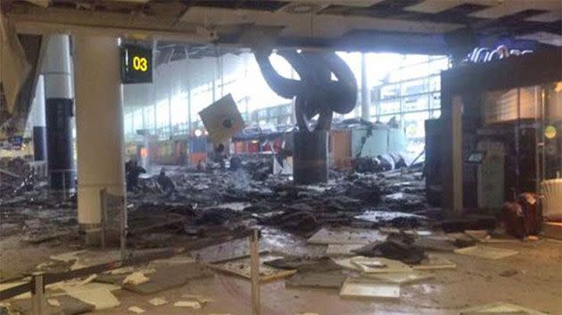 The airport departures terminal was left shattered following the bomb blasts. Photo: Twitter