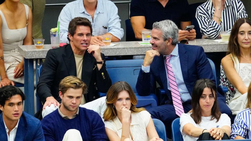 new york, new york september 10 james marsden and andy cohen are seen at the mens final match between novak djokovic vs danill medvedev at the 2023 us open tennis championships on september 10, 2023 in new york city photo by gothamgc images