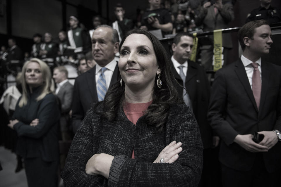 Former Michigan Republican Party Chairman Ronna Romney McDaniel listens to President-elect Trump at an event Grand Rapids, Dec. 9, 2016. (Photo: Jabin Botsford/Washington Post via Getty Images)