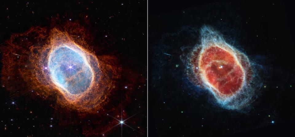 Webb captured images of the Southern Ring Nebular in near-infrared (left) and mid-infrared (right) light. (NASA, ESA, CSA, STScI, and The E)