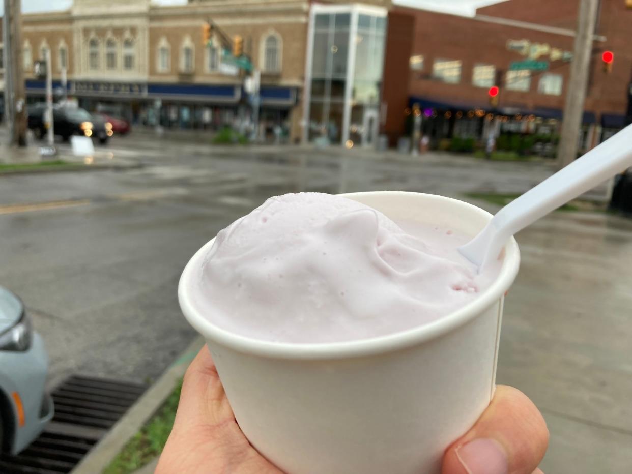 Honey lavender ice cream from Square Scoop in Fountain Square at the intersection of Virginia Avenue and Woodlawn Avenue on a rainy June 25, 2024