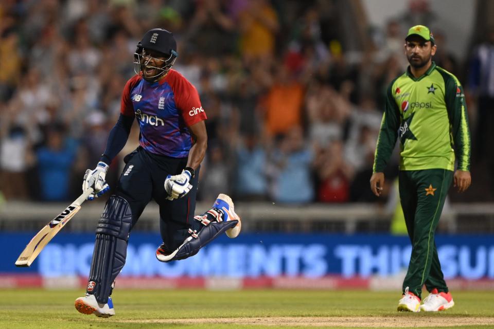 Chris Jordan celebrates hitting the winning runs for England on Tuesday (Getty Images)