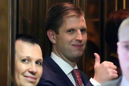 Son of Republican President-elect Donald Trump Eric Trump gives the thumbs up as he arrives at Trump Tower in New York, New York, U.S., November 11, 2016. REUTERS/Carlo Allegri