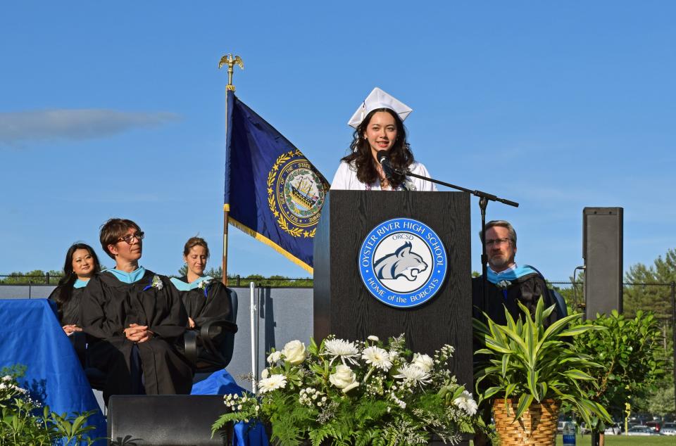 Oyster River High School Class of 2022 Class President Isabella Kalinowski speaks to her fellow graduates during Oyster River High School's commencement ceremony on Friday, June 10, 2022 at the high school in Durham.