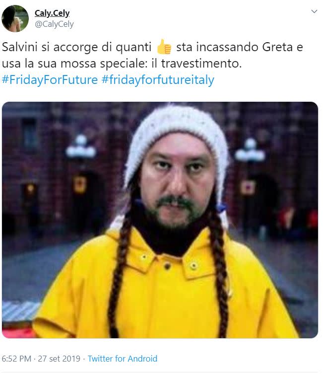 Matteo Salvini è uno dei politici travestiti da Greta nelle immagini diffuse su Twitter.