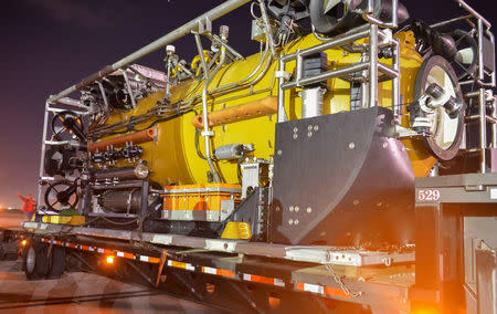 Pressurized Rescue Module (PRM) is loaded on a trailer as Undersea Rescue Command (URC) is deploying two rescue assets from Marine Corps Air Station Miramar, California, U.S. to support the ongoing search for the Argentine navy submarine ARA San Juan in the south Atlantic Ocean on November 19, 2017. Picture taken on November 19, 2017. Courtesy Ronald Gutridge/U.S. Navy/Handout via REUTERS