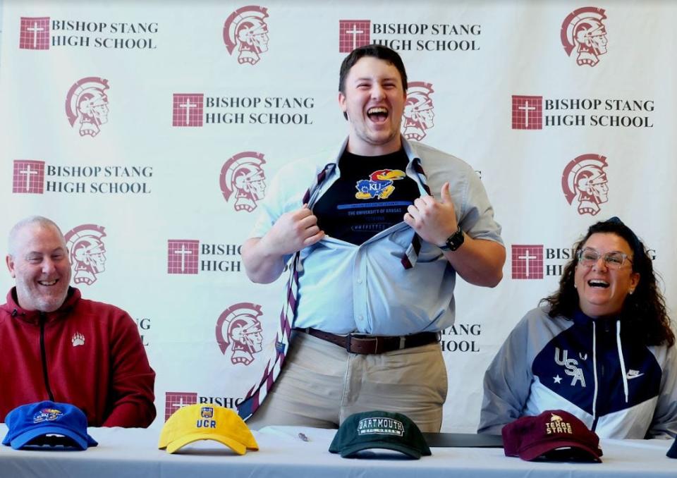 Bishop Stang's Jacob Cookinham unveils that he will be attending the University of Kansas next year to throw the shot put.