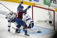 Colorado Avalanche right wing Valeri Nichushkin celebrates after scoring a goal against the Tampa Bay Lightning during the first period in Game 2 of the NHL hockey Stanley Cup Final, Saturday, June 18, 2022, in Denver. (AP Photo/David Zalubowski)