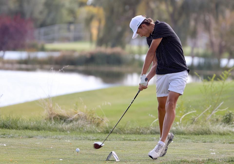 Olympus High School’s Will Pedersen competes in the 5A boys state golf championship at Fox Hollow Golf Club in American Fork on Tuesday, Oct. 10, 2023. Pedersen placed second as an individual after a playoff round. Olympus won as a team. | Kristin Murphy, Deseret News