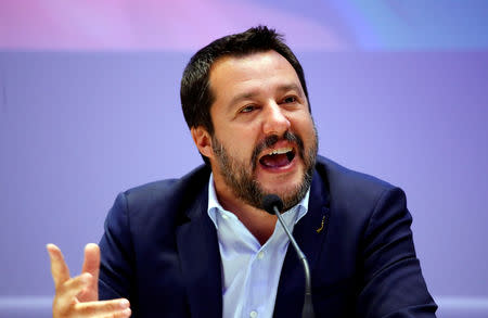 FILE PHOTO: Matteo Salvini, Italy's Deputy Prime Minister and leader of the far-right League Party, speaks as he launches campaigning for the European elections, in Milan, Italy April 8, 2019. REUTERS/Alessandro Garofalo/File Photo