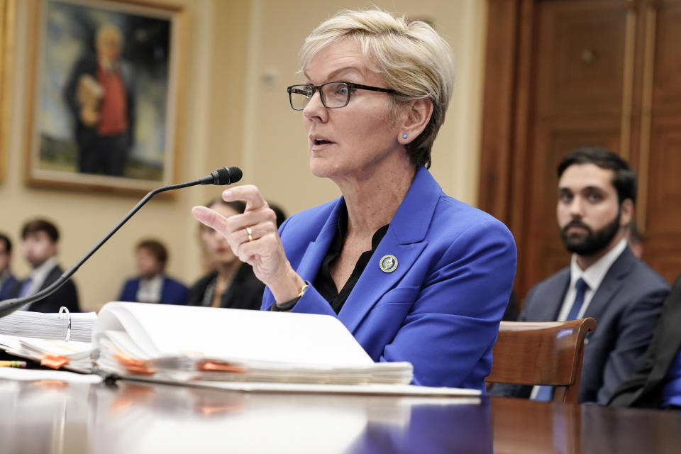 FILE - Energy Secretary Jennifer Granholm testifies during a House Science, Space, and Technology Committee hearing on Capitol Hill, Thursday, Sept. 14, 2023, in Washington. The White House has selected the Philadelphia area and West Virginia for two regional hubs to produce and deliver hydrogen fuel, an important part of the Biden administration's clean energy plan, according to a person familiar with the plan. (AP Photo/Mariam Zuhaib, File)