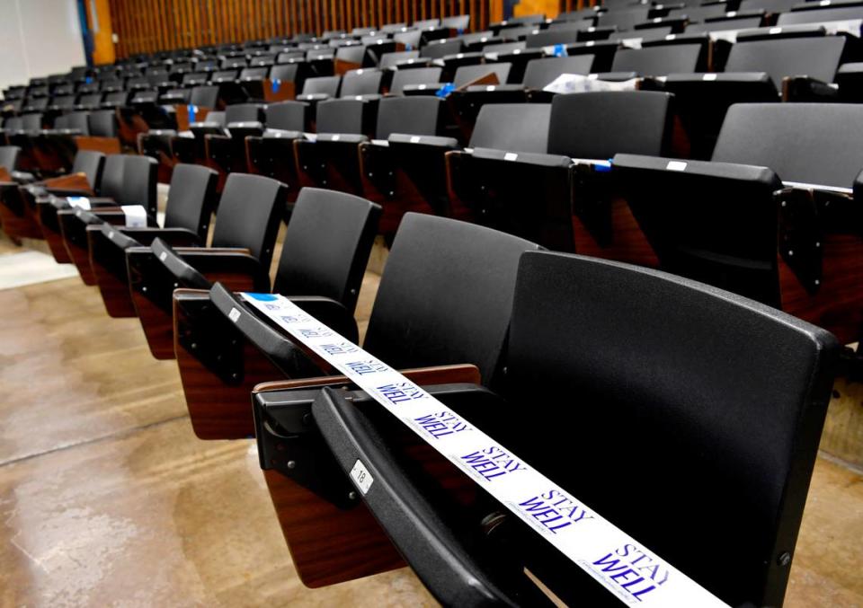 Most seats are blocked off in classroom 105 in the Forum building on the Penn State campus on Tuesday, Sept. 15, 2020. Because of coronavirus restrictions the classroom was limited to 58 people.