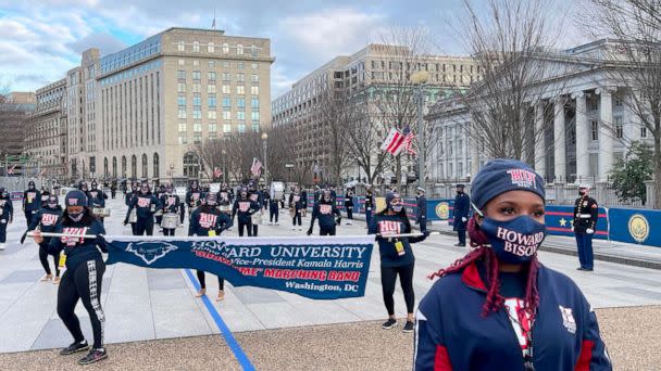 PHOTO: The Howard University marching band participates in a rehearsal of the parade down Pennsylvania Avenue in Washington, DC, Jan. 18, 2021, ahead of the inauguration of President-elect Joe Biden and Vice President-elect Kamala Harris. (Daniel Slim/AFP via Getty Images)