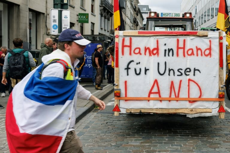 Un manifestante envuelto en la bandera de Países Bajos pasa delante de un tractor con una pancarta en la que se lee "Mano a mano por nuestro país", el 4 de junio de 2024 en Bruselas (Simon Wohlfahrt)