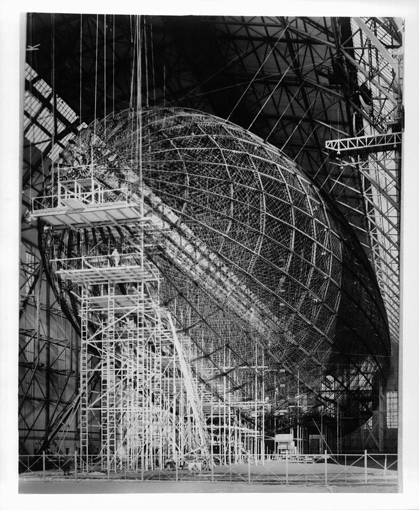 Construction of the Hindenburg showing the skeleton of the zeppelin airship