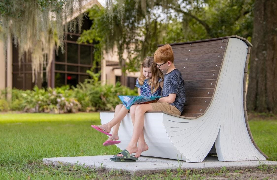 The Fully Booked placemaking project at Pedrick Pond Park outside the Leon County Eastside Branch Library, unveiled Aug. 25, 2022, offers book-themed benches.