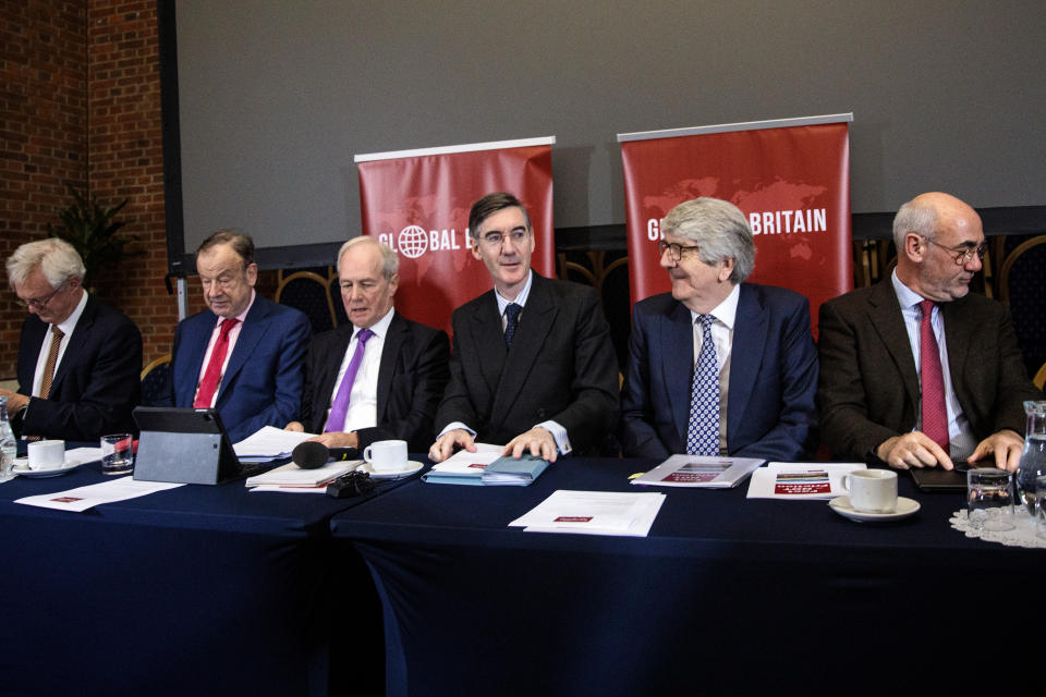 Jacob Rees-Mogg at the centre of an all male panel at a press conference Tuesday (Getty)