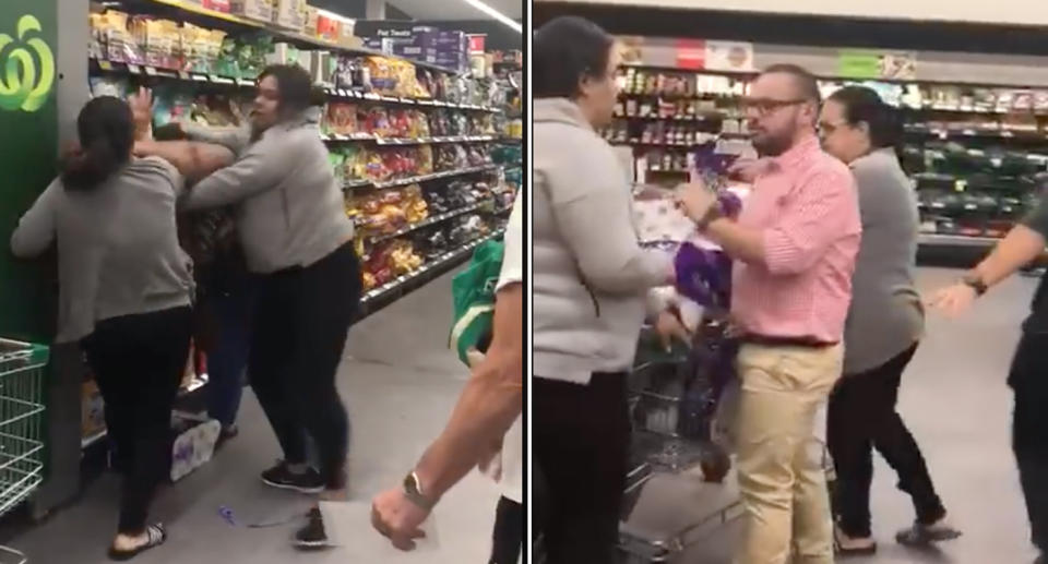 The Woolworths store manager can be seen dressing down the violent shoppers. 