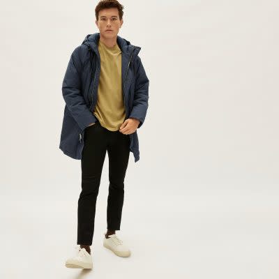 long blue hooded parka