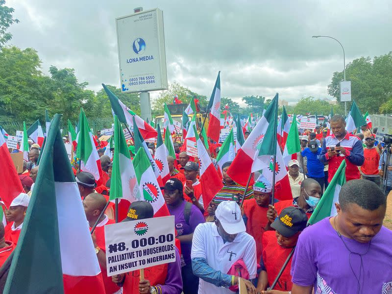 Members of the Nigerian Labour Union protest against fuel price hikes and rising costs, in Abuja