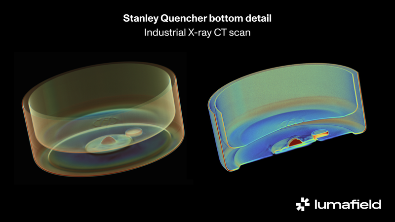 In this CT image, you can clearly see how the lead pellet acts as a solder for the insulation in Stanley cups. - Image: <a class="link " href="https://www.lumafield.com/article/finding-lead-in-stanleys-quencher-industrial-ct" rel="nofollow noopener" target="_blank" data-ylk="slk:Courtesy of Lumafield;elm:context_link;itc:0;sec:content-canvas">Courtesy of Lumafield</a>