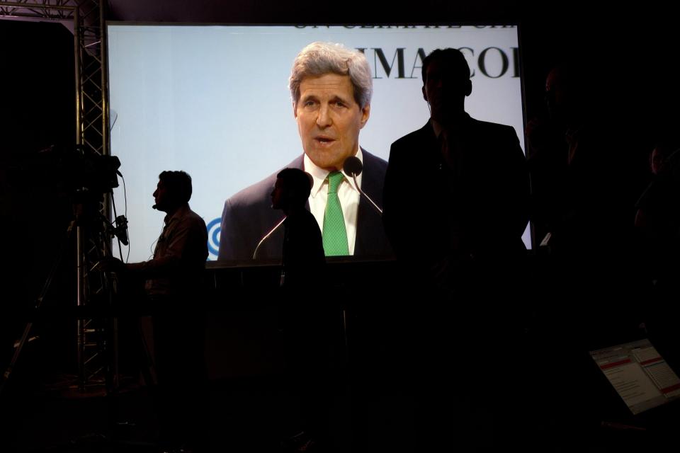 FILE - U.S. Secretary of State John Kerry gives a speech during the U.N. Climate Change Conference in Lima, Peru, Dec. 11, 2014. (AP Photo/Rodrigo Abd, File)