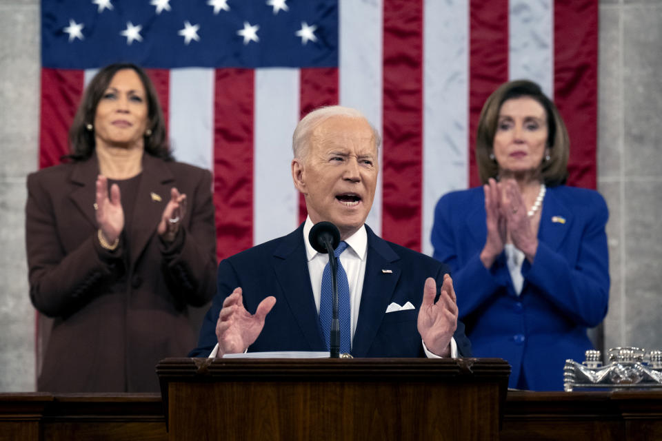 Joe Biden with Kamala Harris, left, and Nancy Pelosi