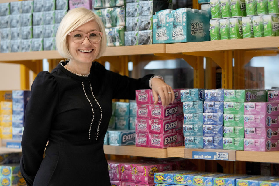 Alyona Fedorchenko, vice president for global gum and mints in the Mars Snacking division stands for a portrait at the company's employee store Tuesday, Jan. 23, 2024, in Chicago. From stress relief to concentration aid, gum makers look for ways to make Americans chew again. Mars Inc., which owns the 133-year-old Wrigley brand, thinks it may have an answer: repositioning gum as an instant stress reliever rather than an occasional breath freshener. (AP Photo/Charles Rex Arbogast)