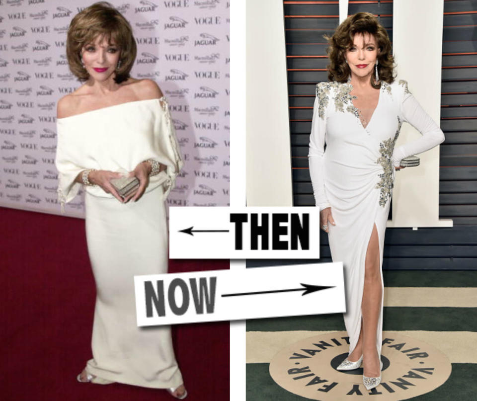 Joan Collins beauty and chic style has always been effortless. No matter what her age, she will always be able to pull off a white dress. 