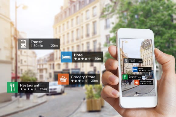 Smartphone displaying augmented reality information in a city.