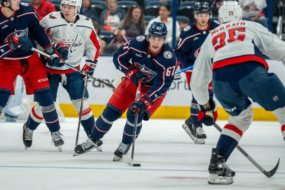 Oct. 5, 2023; Columbus, Ohio, United States;
Columbus Blue Jackets left wing James Malatesta (67) skates down the rink against the Washington Capitals during their game on Thursday, Oct. 5, 2023 at Nationwide Arena.