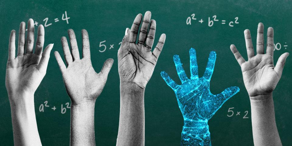 5 hands being raised in the foreground with one being a futuristic AI hand with a chalkboard background