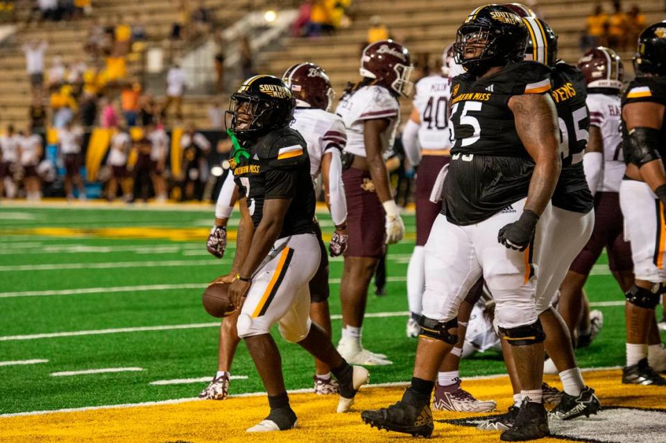 Southern Miss Golden Eagles running back Frank Gore Jr. (3) celebrates after scoring a touchdown during a game against Texas State at M.M. Roberts Stadium in Hattiesburg on Saturday, Sept. 30, 2023. Hannah Ruhoff/Sun Herald