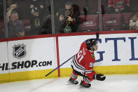 Chicago Blackhawks' Frank Nazar celebrates after scoring his first goal in the NHL during the first period of a NHL hockey game against the Carolina Hurricanes, Sunday, April 14, 2024, in Chicago. (AP Photo/Paul Beaty)