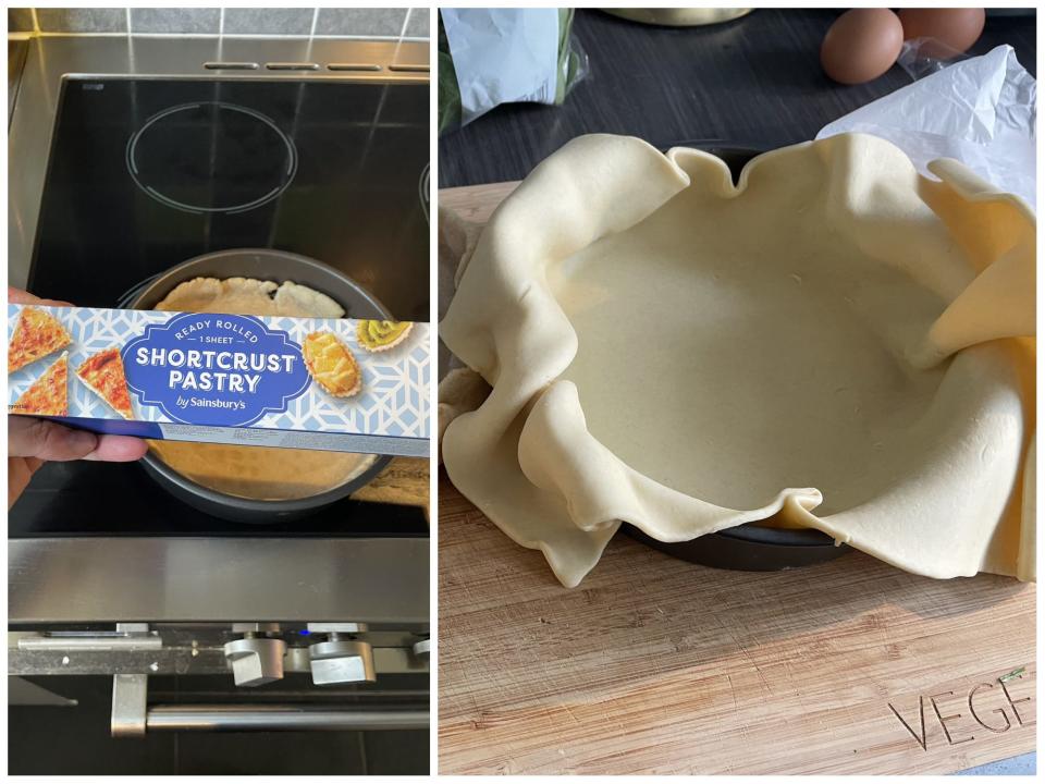A composite image showing a packet of ready-made shortcrust pastry on the left, and said pastry lining the baking tin on the right.
