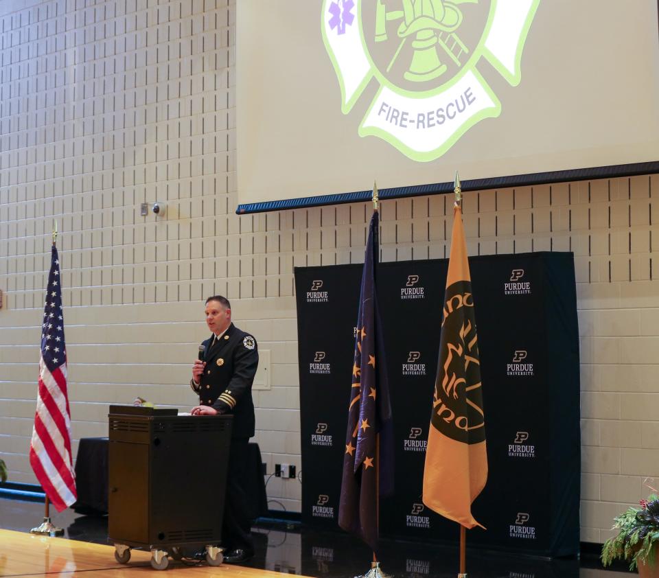 Purdue University Fire Department's incoming Fire Chief, Brad Anderson, speaks to the audience after the changing of the guard ceremony, on Wednesday, Dec. 14, 2022, in Lafayette, Ind.