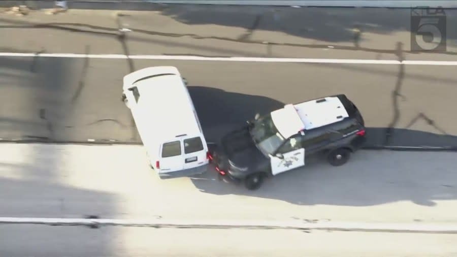 The second PIT maneuver after the suspect drove away on the 91 Freeway was successful. (KTLA)