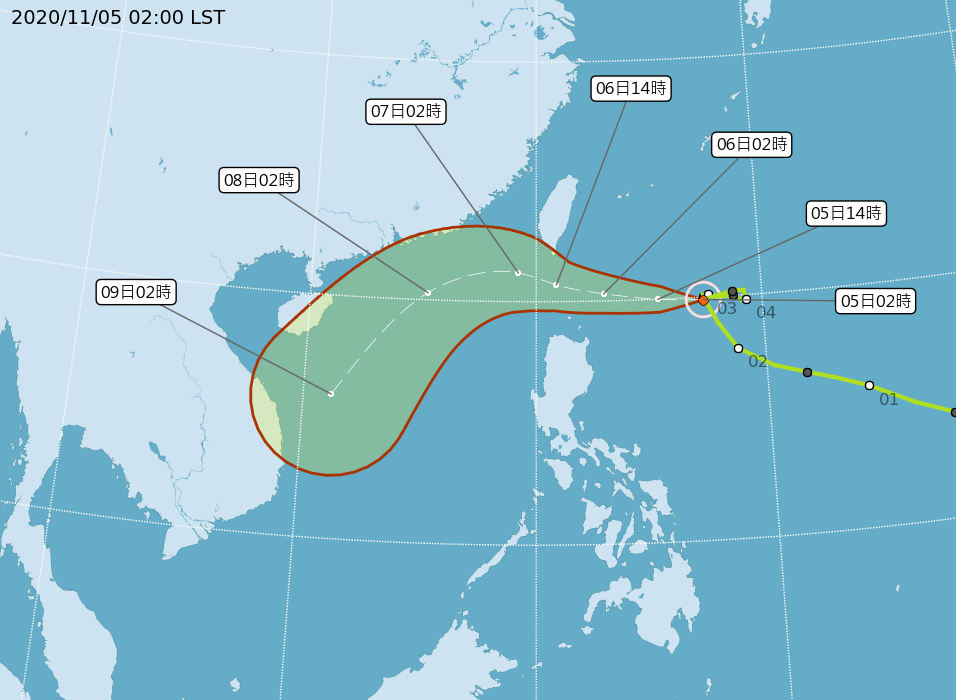 閃電颱風將朝巴士海峽前進，明天最接近台灣，南部與東部防大雨，北部也將有雨勢。