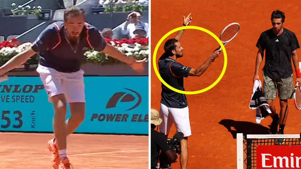 Daniil Medvedev bows to the crowd and Medvedev gestures to be louder at the Madrid Open.