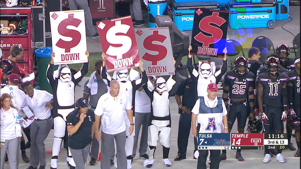 Temple brought out four Stormtroopers to hold up sideline play cards on Thursday night. (ESPN)
