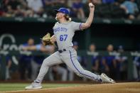 Kansas City Royals starting pitcher Gabe Speier throws to the Texas Rangers in the first inning of a baseball game, Wednesday, May 11, 2022, in Arlington, Texas. (AP Photo/Tony Gutierrez)