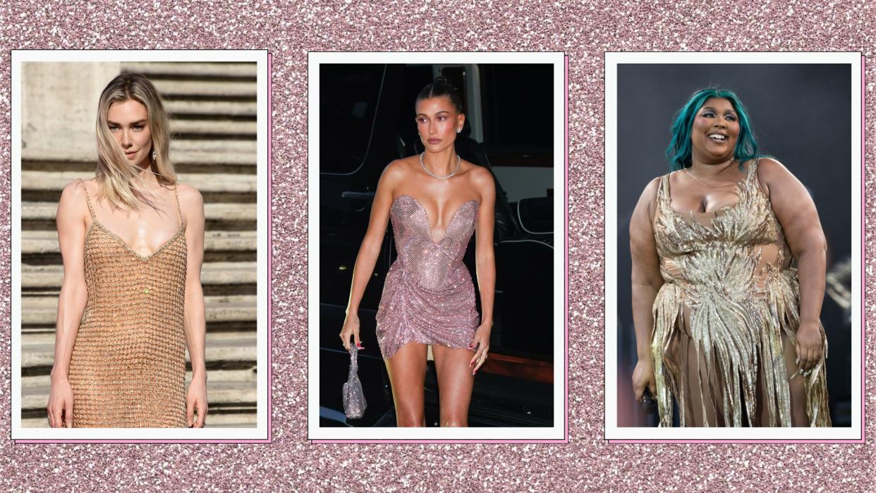  Vanessa Kirby, Hailey Bieber and Lizzo wearing glitter dresses in a pink glitter, three-picture template 