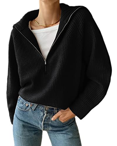 BTFBM Women’s Casual Long Sleeve Half Zip Pullover Sweaters Solid V Neck Collar Ribbed Knitted Loose Slouchy Jumper Tops(Solid Black, Small)