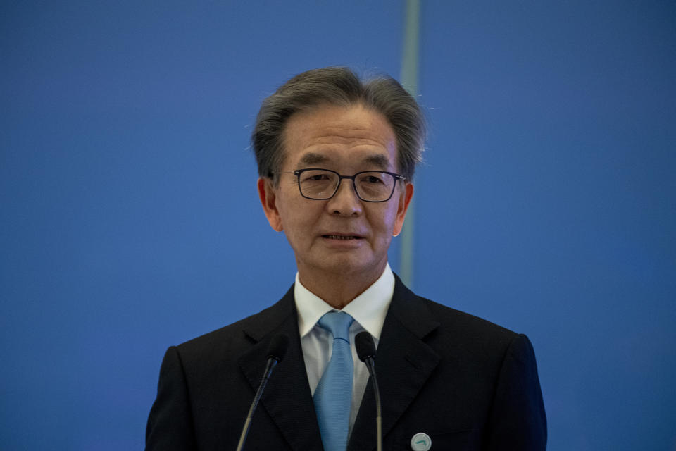 Airport Authority Chairman Jaco So speaks at the ceremony for the commissioning of the third runway at Hong Kong International Airport in Hong Kong, Friday, Nov. 25, 2022. Hong Kong on Friday launched its newly-built third runway, which is expected to be part of a three-runway system in 2024 that will boost the city's status as an aviation hub. (AP Photo/Vernon Yuen)