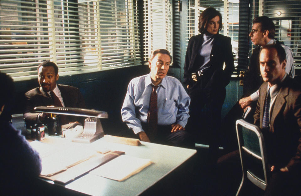 esse L. Martin as Detective Ed Green, Jerry Orbach as Detective Lennie Briscoe, Mariska Hargitay as Detective Olivia Benson, Richard Belzer as Detective John Munch, Christopher Meloni as Detective Elliot Stabler (NBCUniversal)