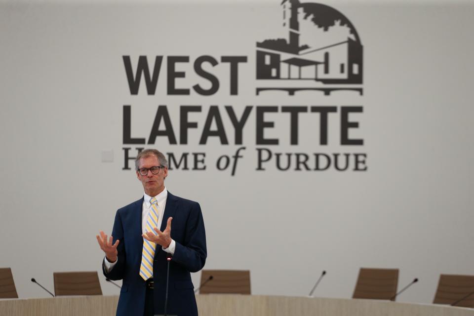 John Dennis, the former mayor of the City of West Lafayette, gives his final speech as mayor at the swearing in ceremony for the 2023 West Lafayette election winners, on Thursday, Dec. 28, 2023, in West Lafayette, Ind.