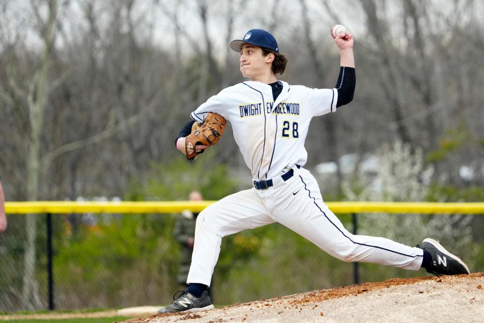 Rhys Bowie is shown on the pitching mound for Dwight-Englewood during the top of the first as his team takes on Glen Rock, Monday, April 1, 2024, in Ridgefield Park.