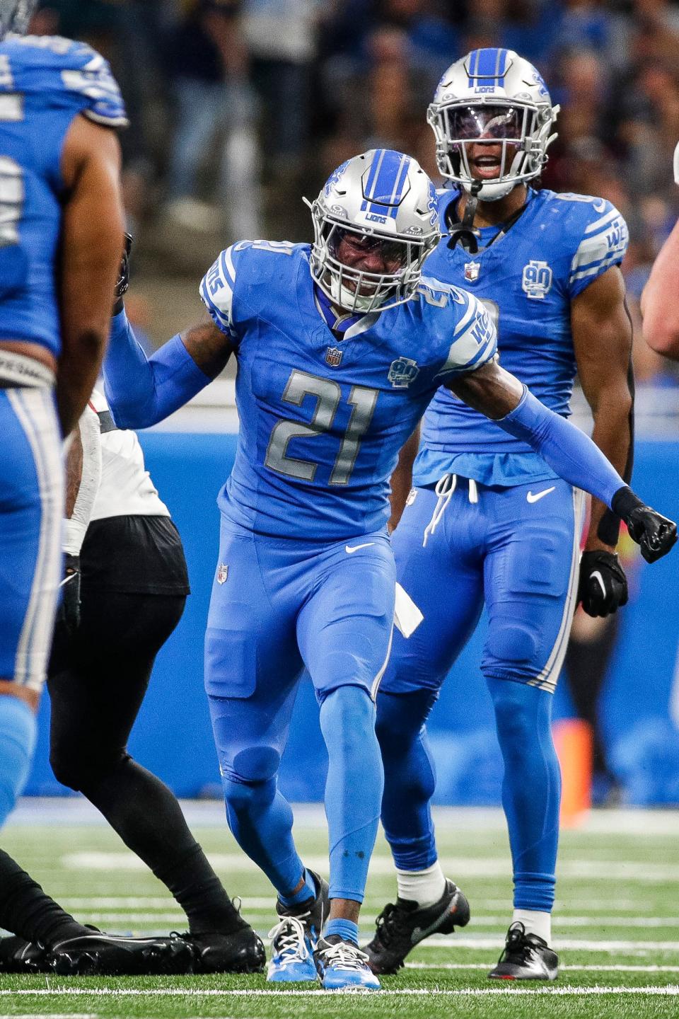 Detroit Lions safety Tracy Walker III (21) celebrates a play against Atlanta Falcons during the second half at Ford Field in Detroit on Sunday, Sept. 24, 2023.