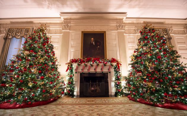 Christmas trees are seen in the State Dining room during a press preview of the White House holiday decorations in Washington, DC on November 29, 2021. (Photo by ANDREW CABALLERO-REYNOLDS / AFP) (Photo by ANDREW CABALLERO-REYNOLDS/AFP via Getty Images) (Photo: ANDREW CABALLERO-REYNOLDS via Getty Images)